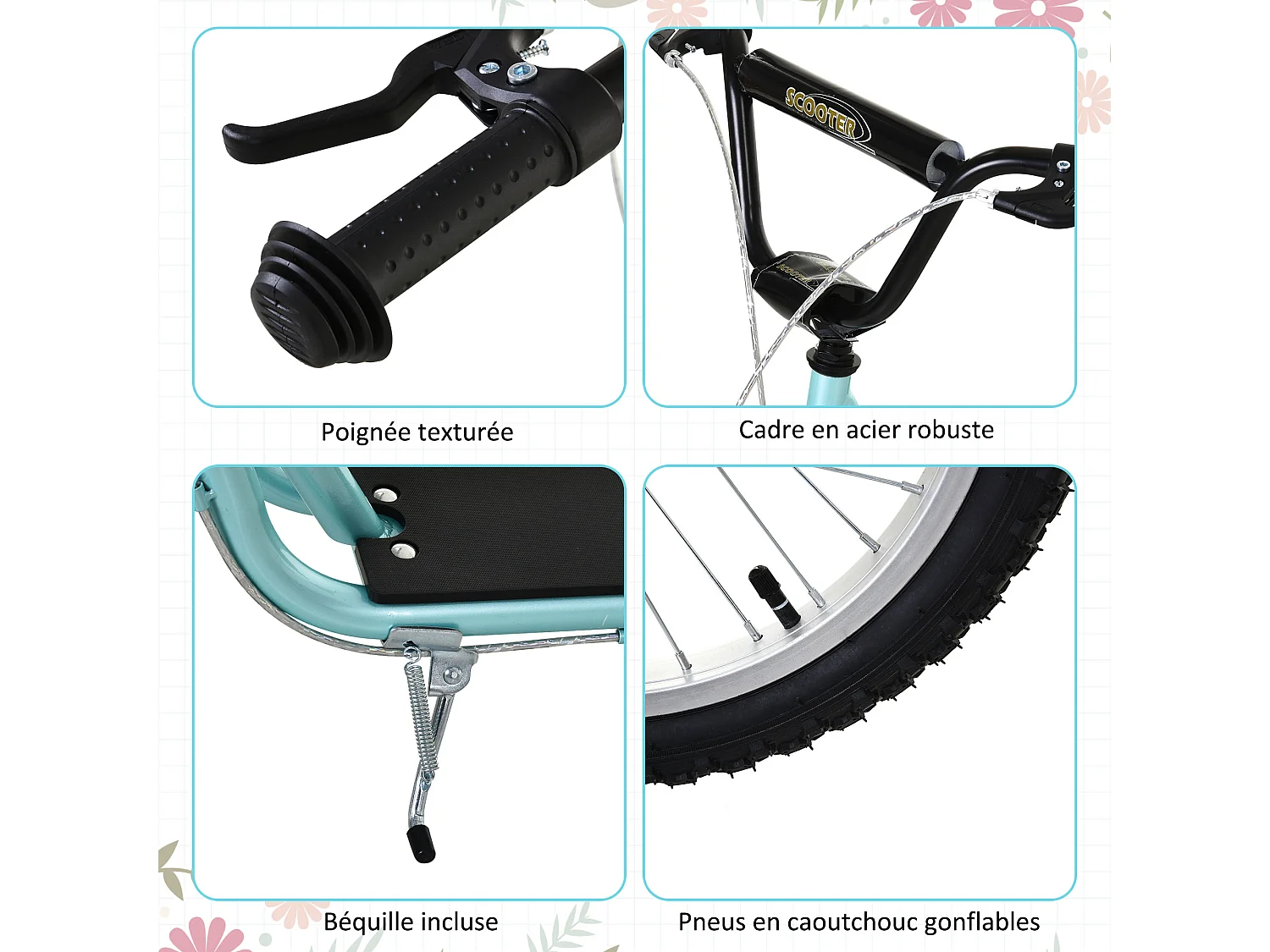 Trottinette patinette pour enfants à partir de 5 ans grands pneus guidon réglable poignée frein et béquille acier bleu