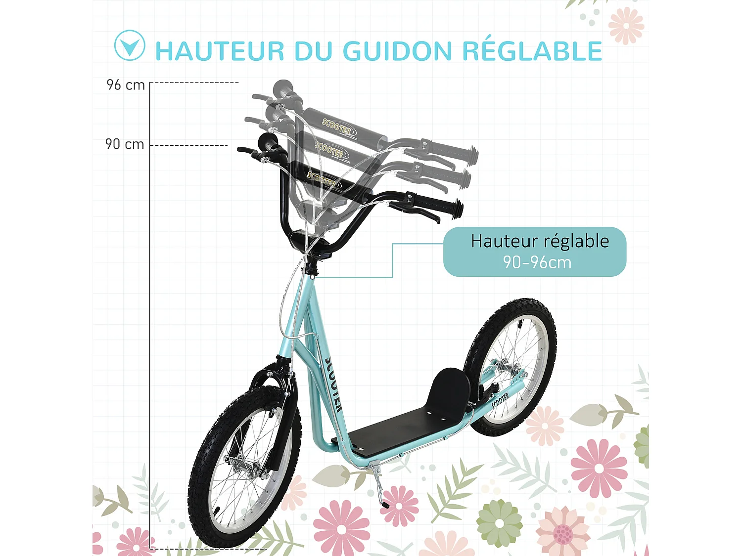Trottinette patinette pour enfants à partir de 5 ans grands pneus guidon réglable poignée frein et béquille acier bleu