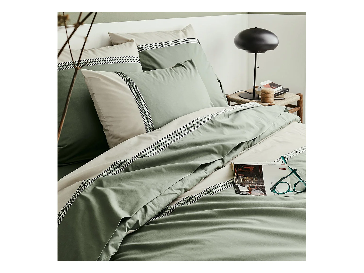 Drap plat en percale de coton à galon géométrique