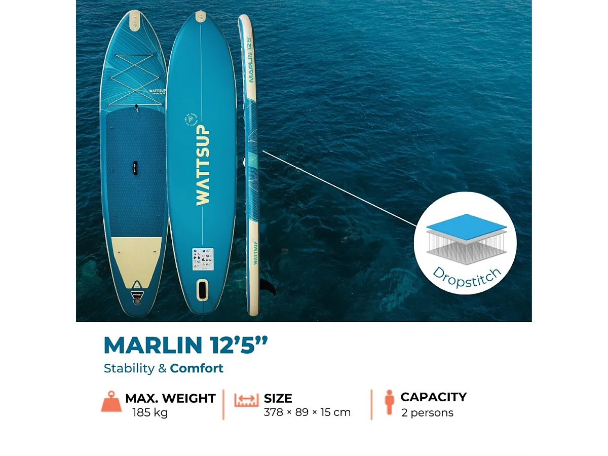 Aufblasbares Sup WATTSUP MARLIN 12'5 - 378x86x15cm Dropstitch - Pack Paddel Leash Pumpe Transporttasche