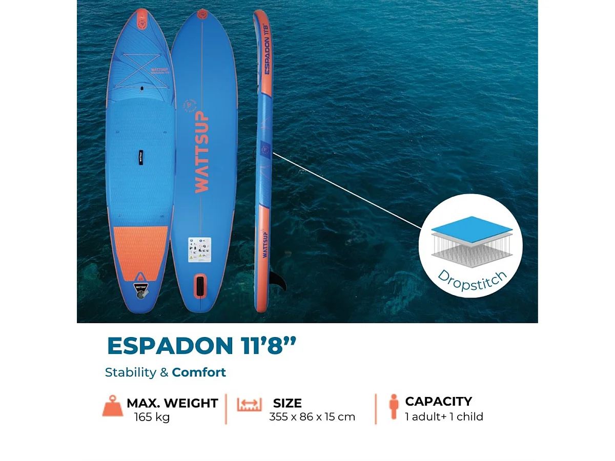 Gonfiabile Sup WATTSUP ESPADON 11'8 - 355x86x15cm Punto Goccia - Confezione Pagaia Guinzaglio Pompa Borsa da Trasporto