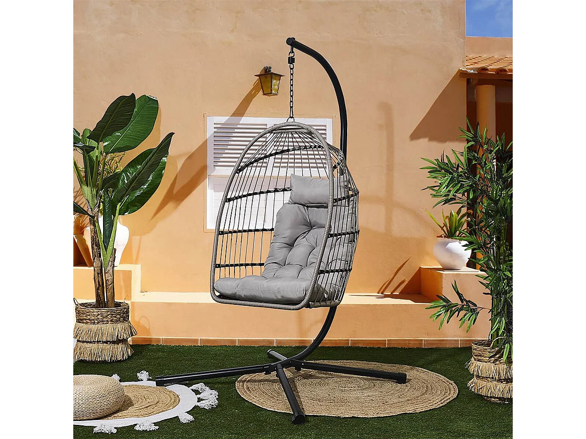 ALOHA - Fauteuil Suspendu Gris Structure en Métal et Plastique avec Coussins