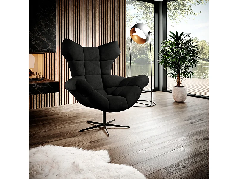 SENSI Fotel Relax z obrotem 360° i funkcją kołysania – Poduszka z pianki Lux, Czarny, 104x46x119 cm