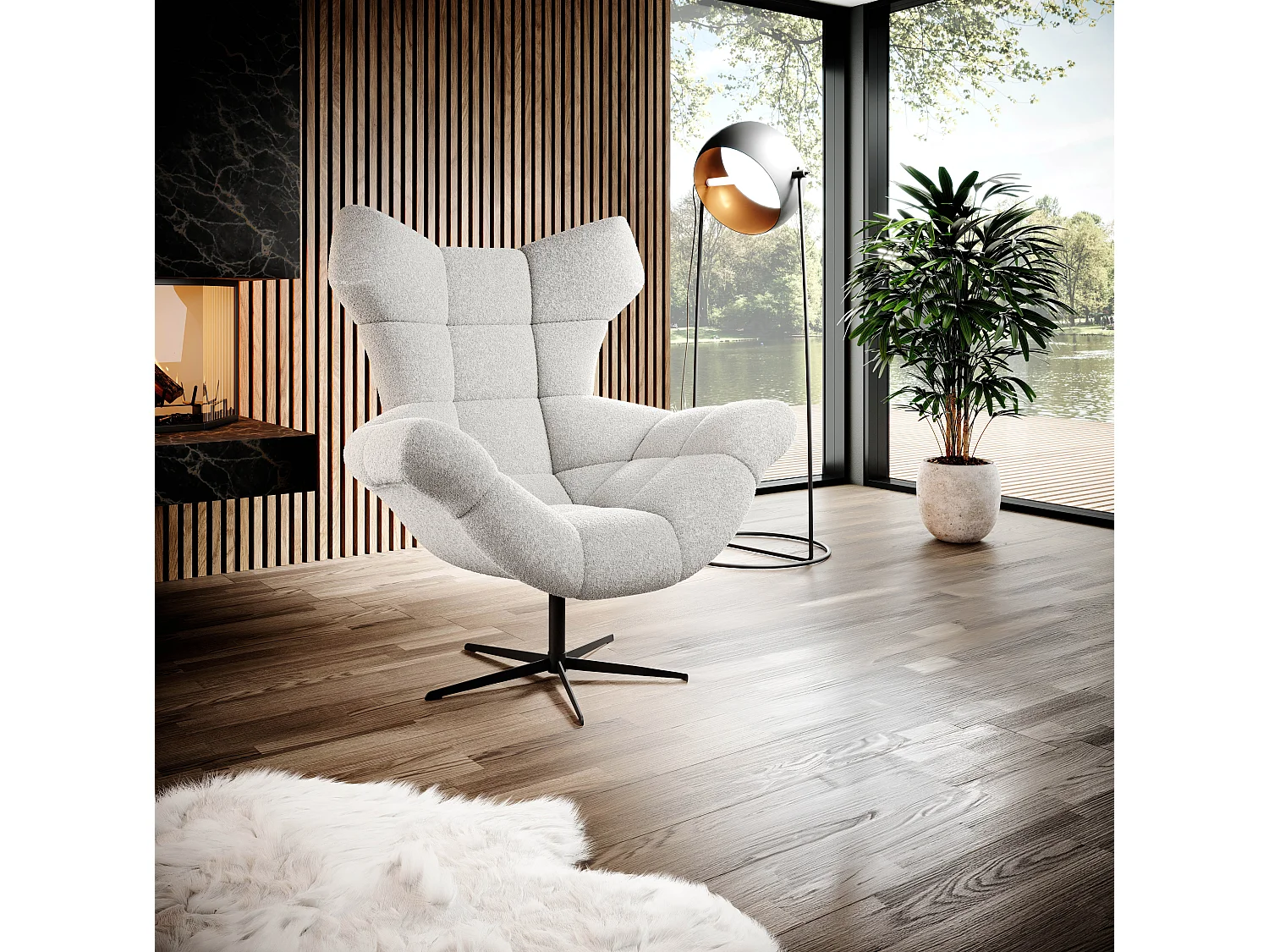 SENSI Fotel Relax z obrotem 360° i funkcją kołysania – Poduszka z pianki Lux, Biały, 104x46x119 cm