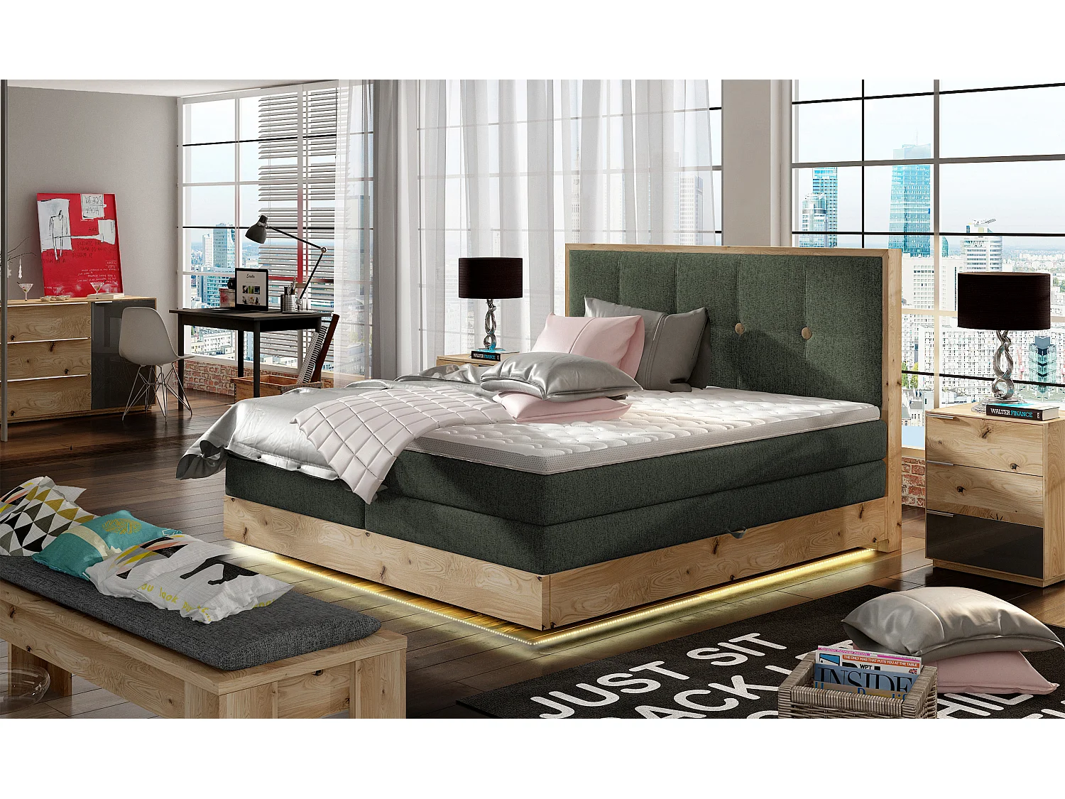 Łóżko Boxspring z litego drewna ze zintegrowanym pojemnikiem na materac i wezgłowiem - Model ETNO lite drewno Premium Comfort 180x200 cm Zielony