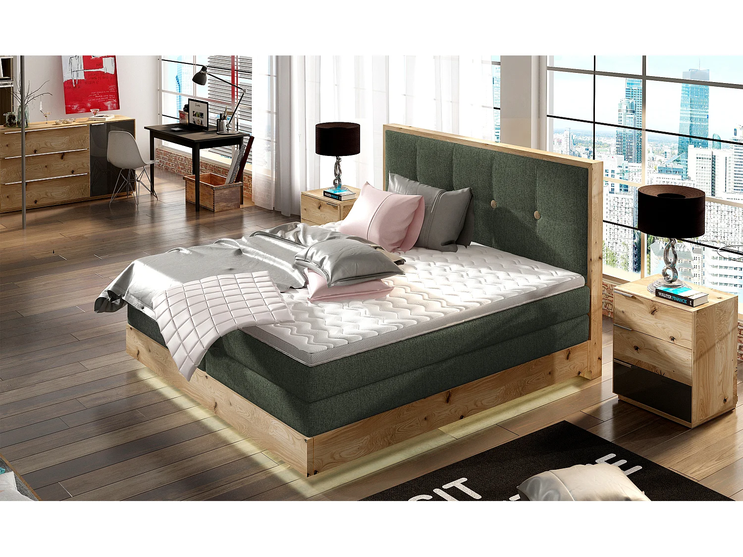Lit Boxspring Massif avec Coffre Intégré, Surmatelas et Tête de Lit - Modèle ETNO, Bois Massif, Confort Premium, 180x200 cm, Vert