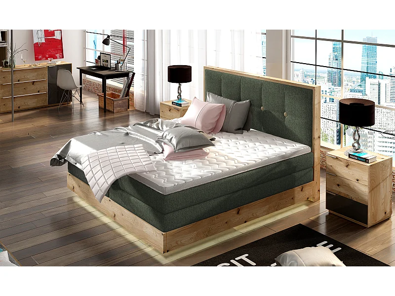 Lit Boxspring Massif avec Coffre Intégré, Surmatelas et Tête de Lit - Modèle ETNO, Bois Massif, Confort Premium, 180x200 cm, Vert