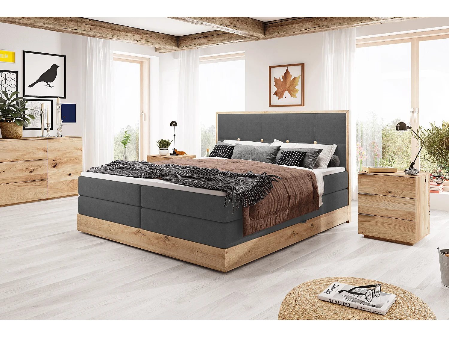 ELLI commodebed met elegant hoofdbord, ruime opbergmogelijkheden en modern design, Afmeting: 180x200 cm, Kleur: Grafiet