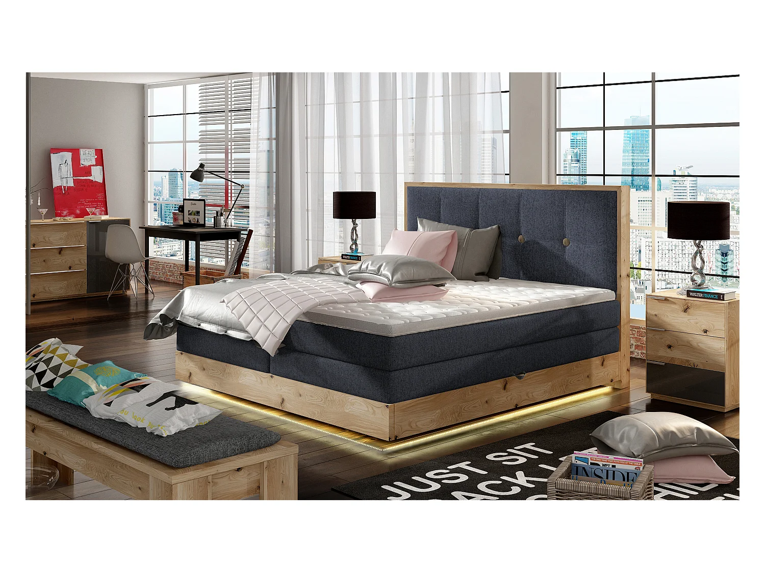 Lit Boxspring Massif avec Coffre Intégré, Surmatelas et Tête de Lit - Modèle ETNO, Bois Massif, Confort Premium, 160x200 cm, Bleu