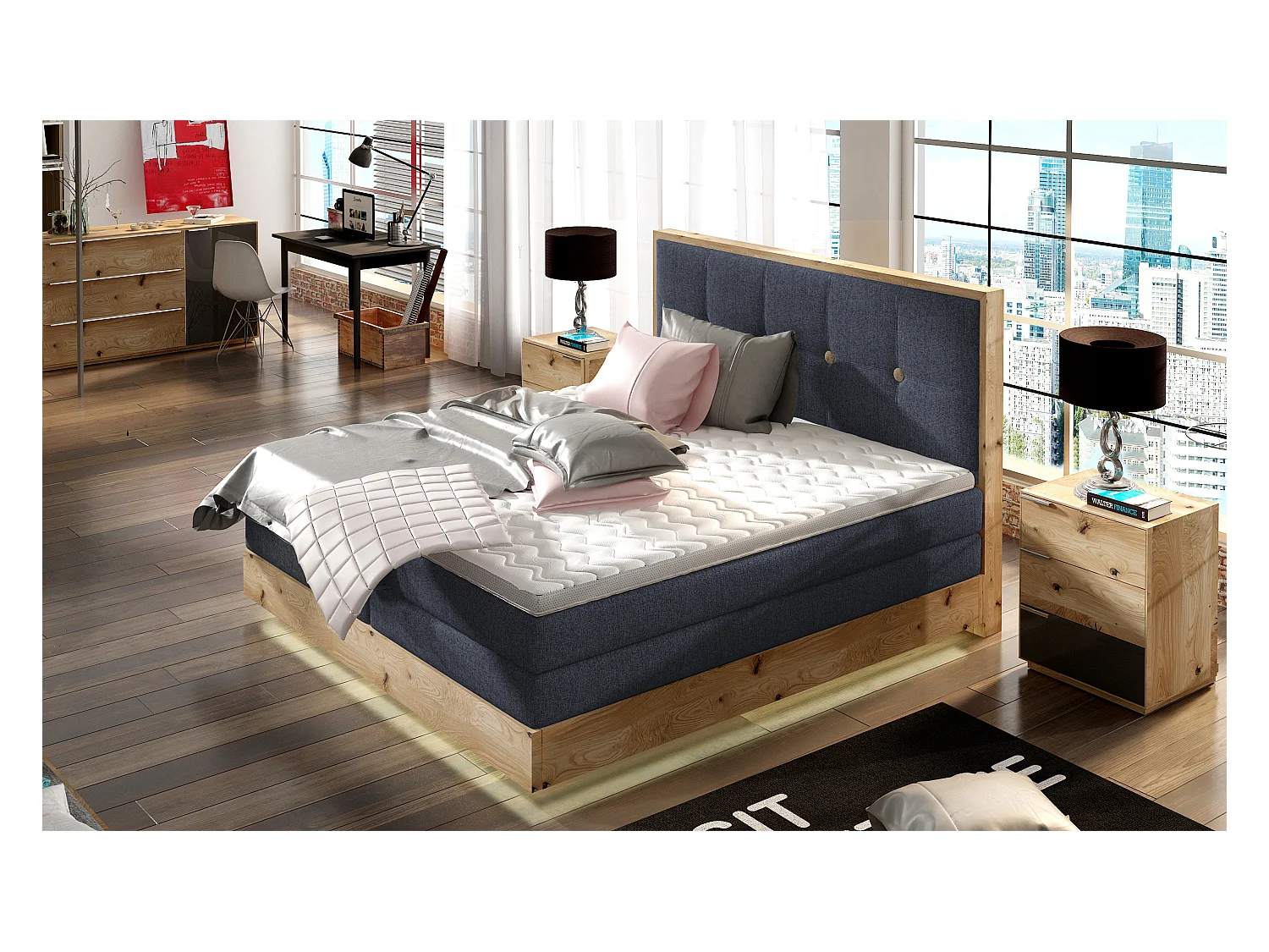 Lit Boxspring Massif avec Coffre Intégré, Surmatelas et Tête de Lit - Modèle ETNO, Bois Massif, Confort Premium, 160x200 cm, Bleu