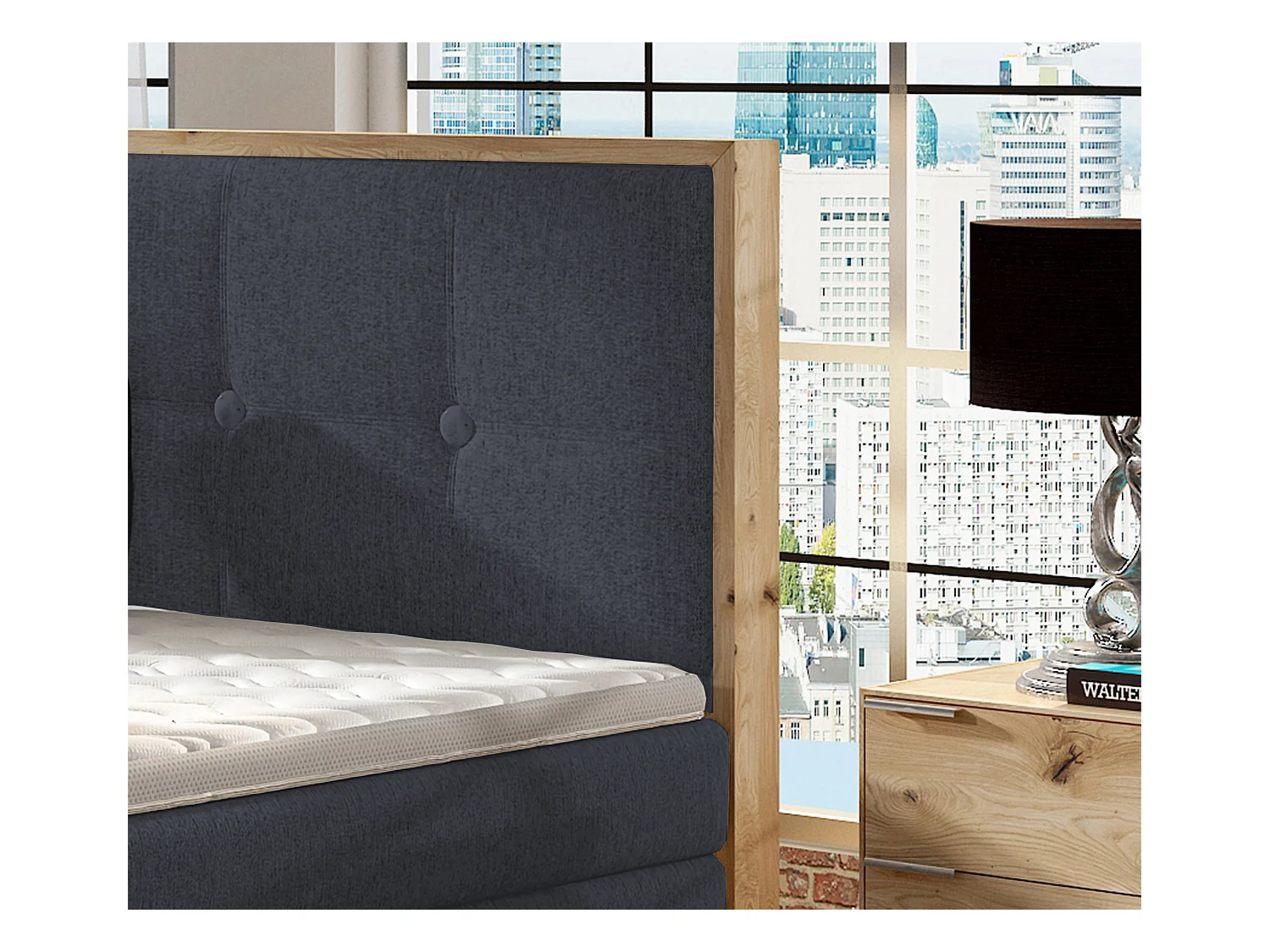 Lit Boxspring Massif avec Coffre Intégré, Surmatelas et Tête de Lit - Modèle ETNO, Bois Massif, Confort Premium, 160x200 cm, Bleu