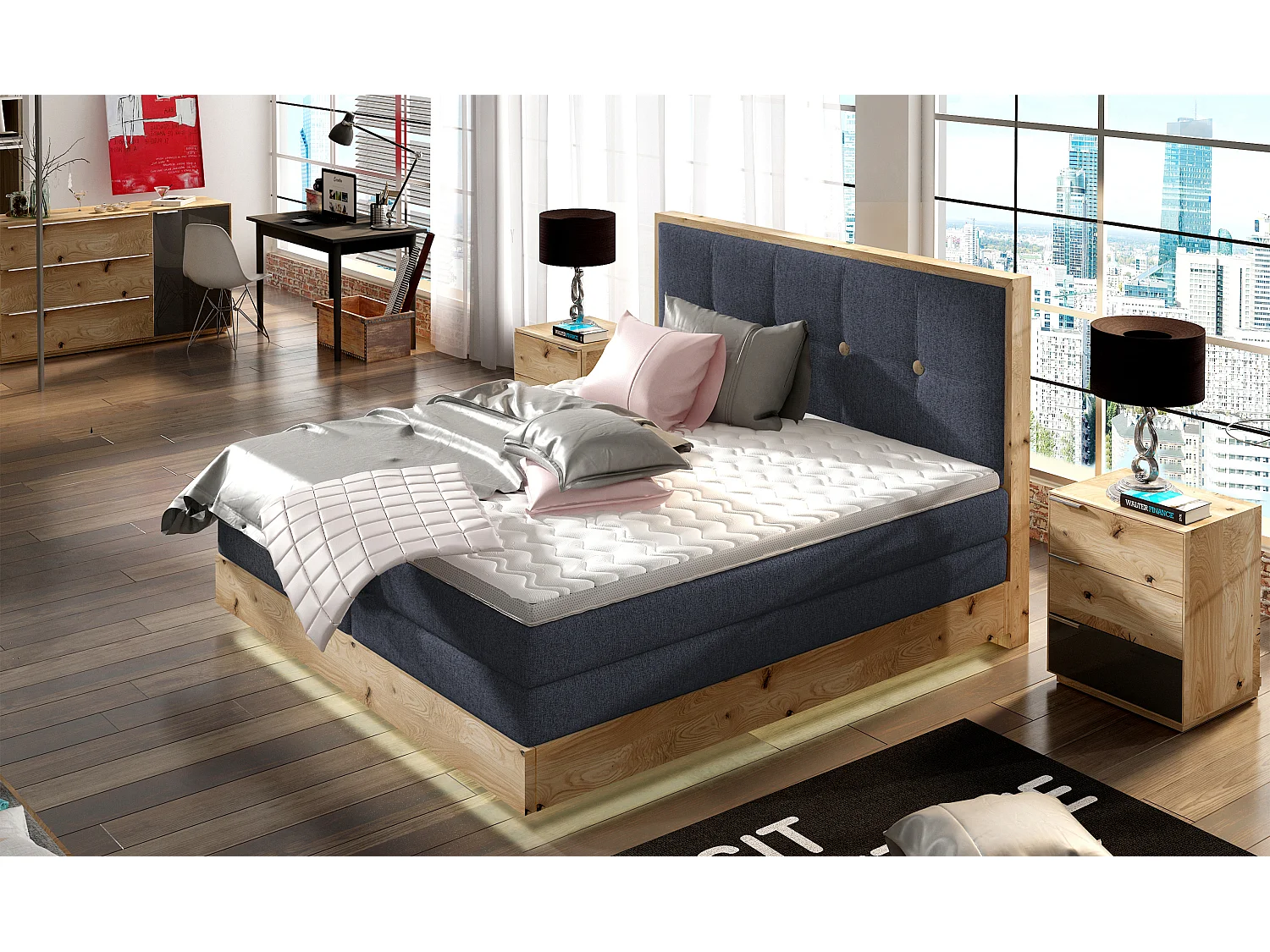 Lit Boxspring Massif avec Coffre Intégré, Surmatelas et Tête de Lit - Modèle ETNO, Bois Massif, Confort Premium, 160x200 cm, Bleu