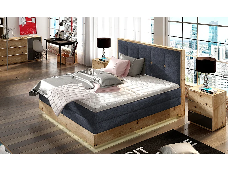 Lit Boxspring Massif avec Coffre Intégré, Surmatelas et Tête de Lit - Modèle ETNO, Bois Massif, Confort Premium, 160x200 cm, Bleu