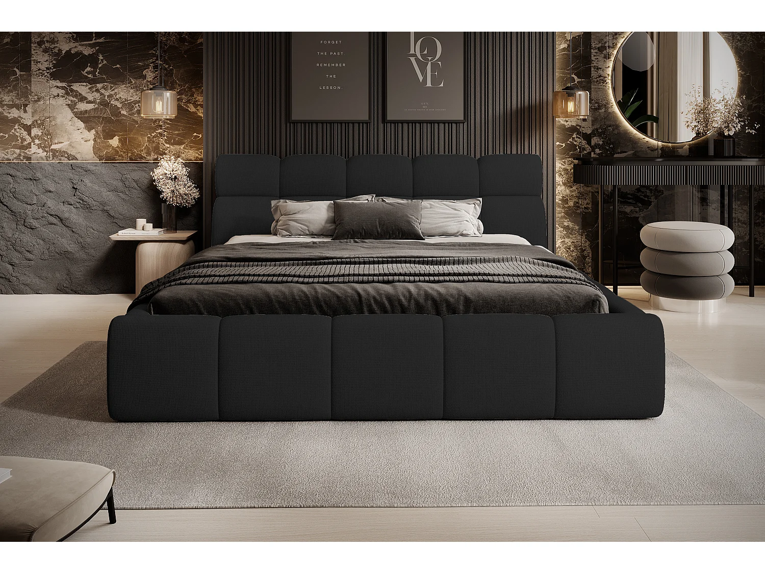 Gestoffeerd bed GIULIA, comfortabel, met opbergruimte, verstelbaar hoofdbord en LED, 180x200x96 cm, kleur: Zwart