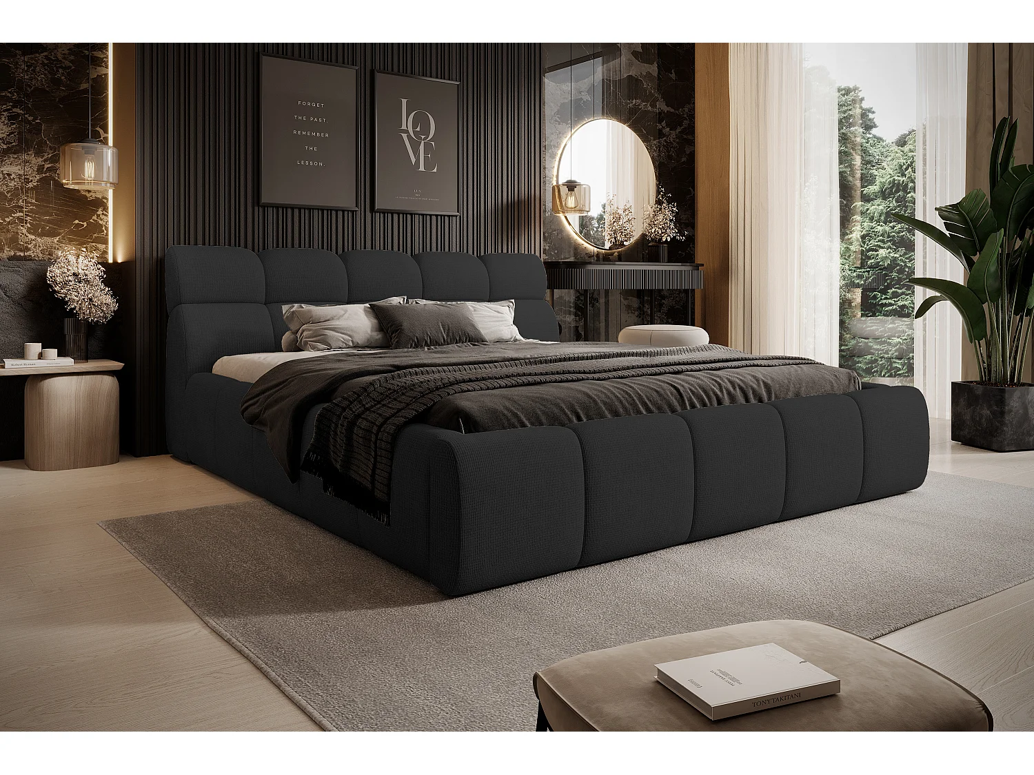Gestoffeerd bed GIULIA, comfortabel, met opbergruimte, verstelbaar hoofdbord en LED, 180x200x96 cm, kleur: Zwart