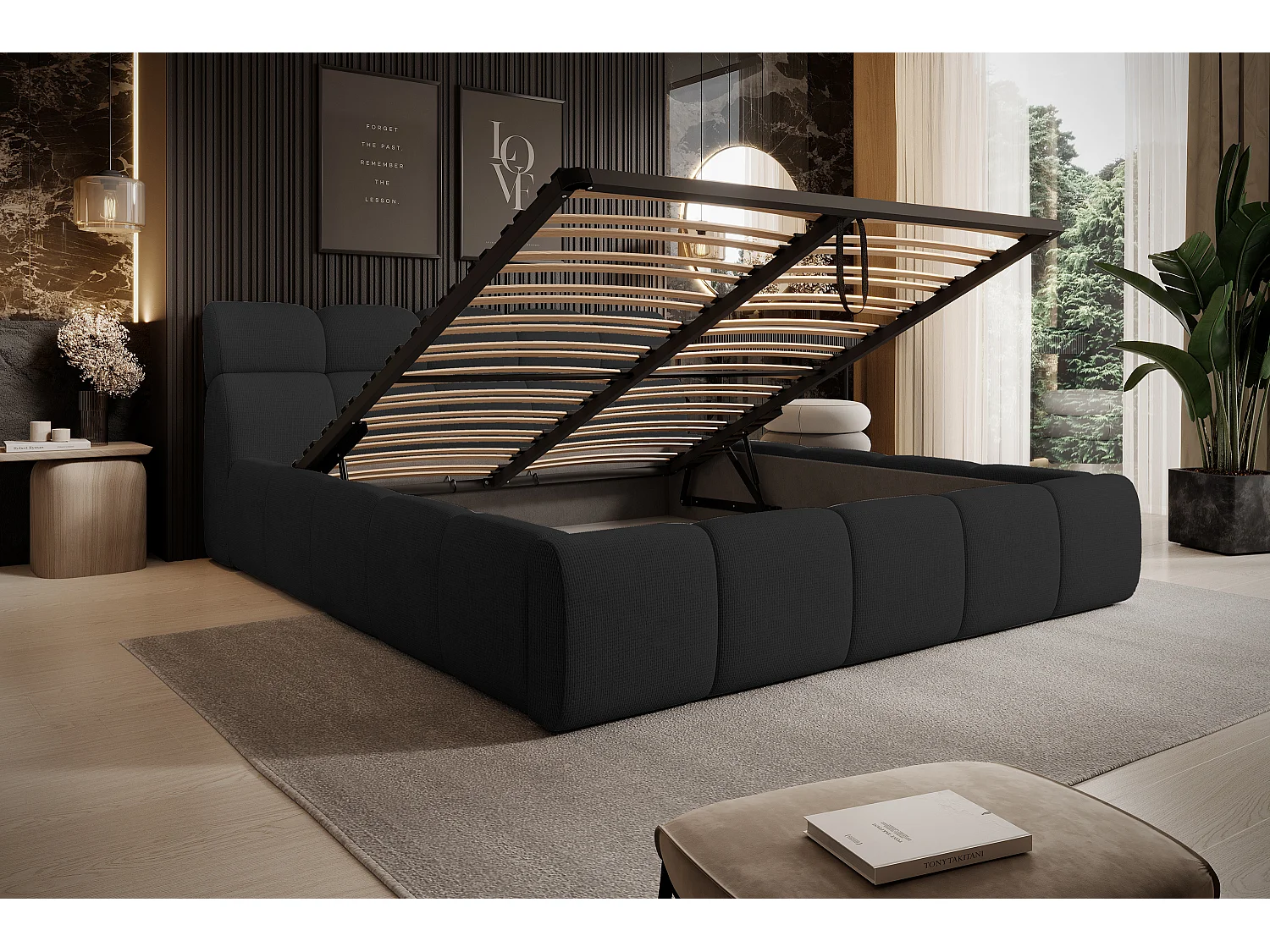 Gestoffeerd bed GIULIA, comfortabel, met opbergruimte, verstelbaar hoofdbord en LED, 180x200x96 cm, kleur: Zwart