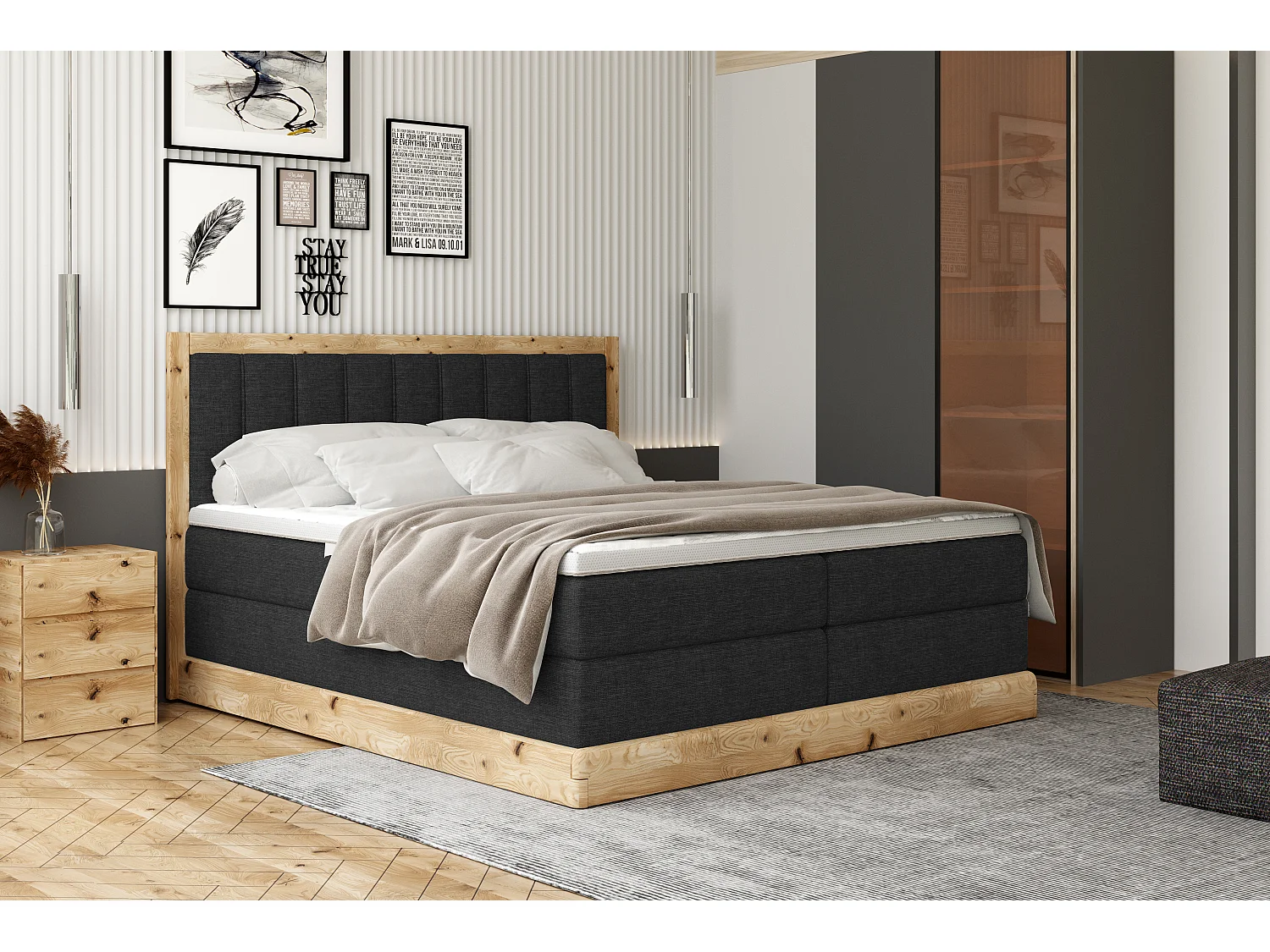 Tapicerowane łóżko continental ALMA – Design z dębu, chromowane zakończenia, 180x200 cm – Kolor: Czarny