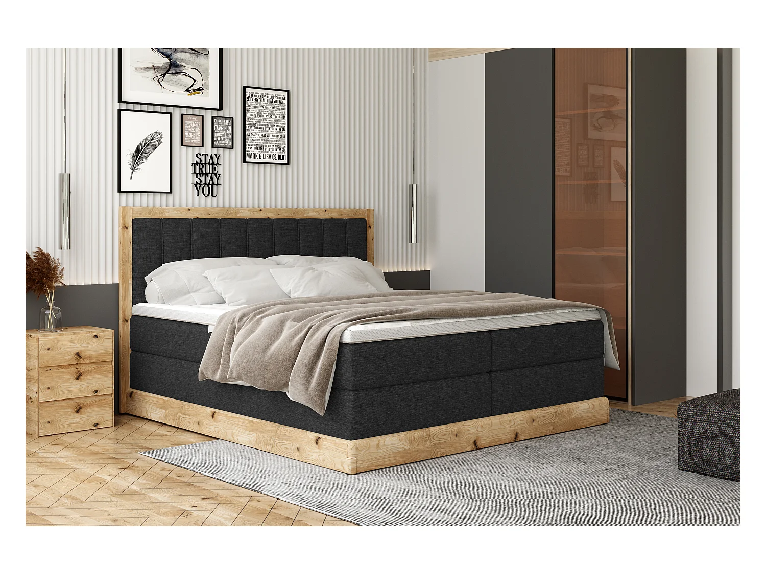 Lit continental rembourré ALMA – Design élégant en bois de chêne, hauteur 65 cm, embouts chromés, 180x200 cm – Couleur : Noir