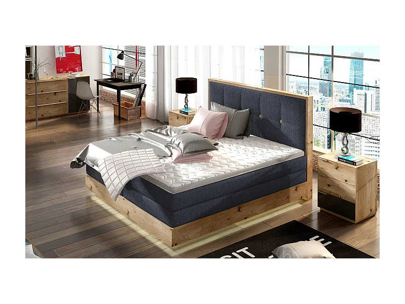 Lit Boxspring Massif avec Coffre Intégré, Surmatelas et Tête de Lit - Modèle ETNO, Bois Massif, Confort Premium, 180x200 cm, Bleu