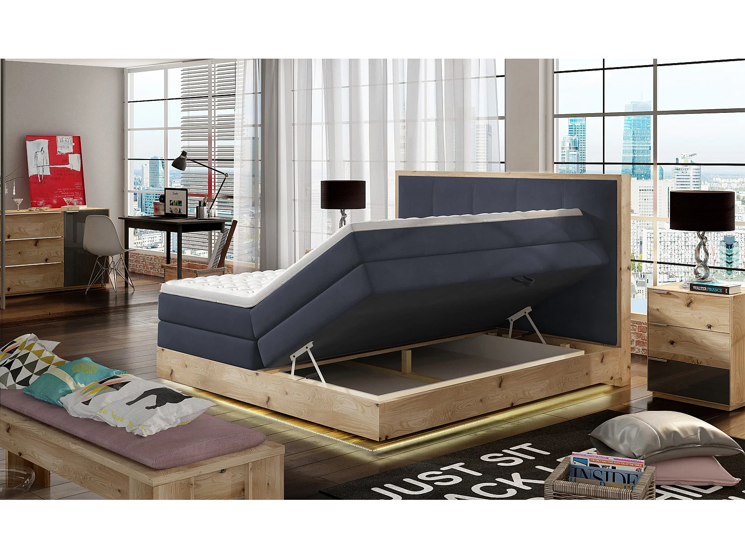 Massief houten boxspringbed met geïntegreerde commode, matrastopper en hoofdbord - Model ETNO, Massief hout, Premium Comfort, 180x200 cm, Blauw