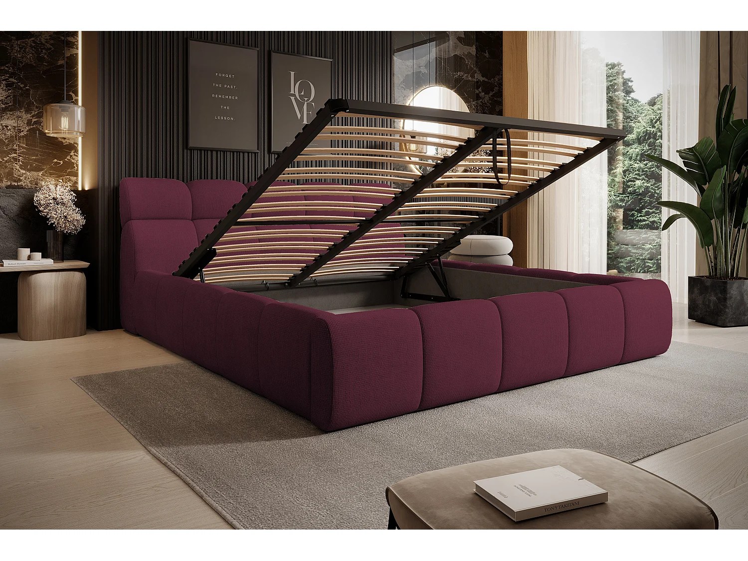 Gestoffeerd bed GIULIA, comfortabel, met opbergruimte, verstelbaar hoofdbord en LED, 180x200x96 cm, kleur: Kastanjebruin