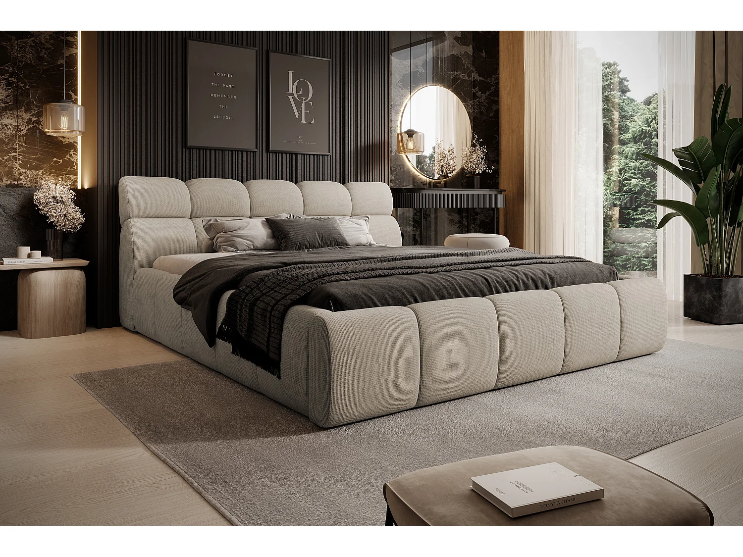 Gestoffeerd bed GIULIA, comfortabel, met opbergruimte, verstelbaar hoofdbord en LED, 180x200x96 cm, kleur: Beige