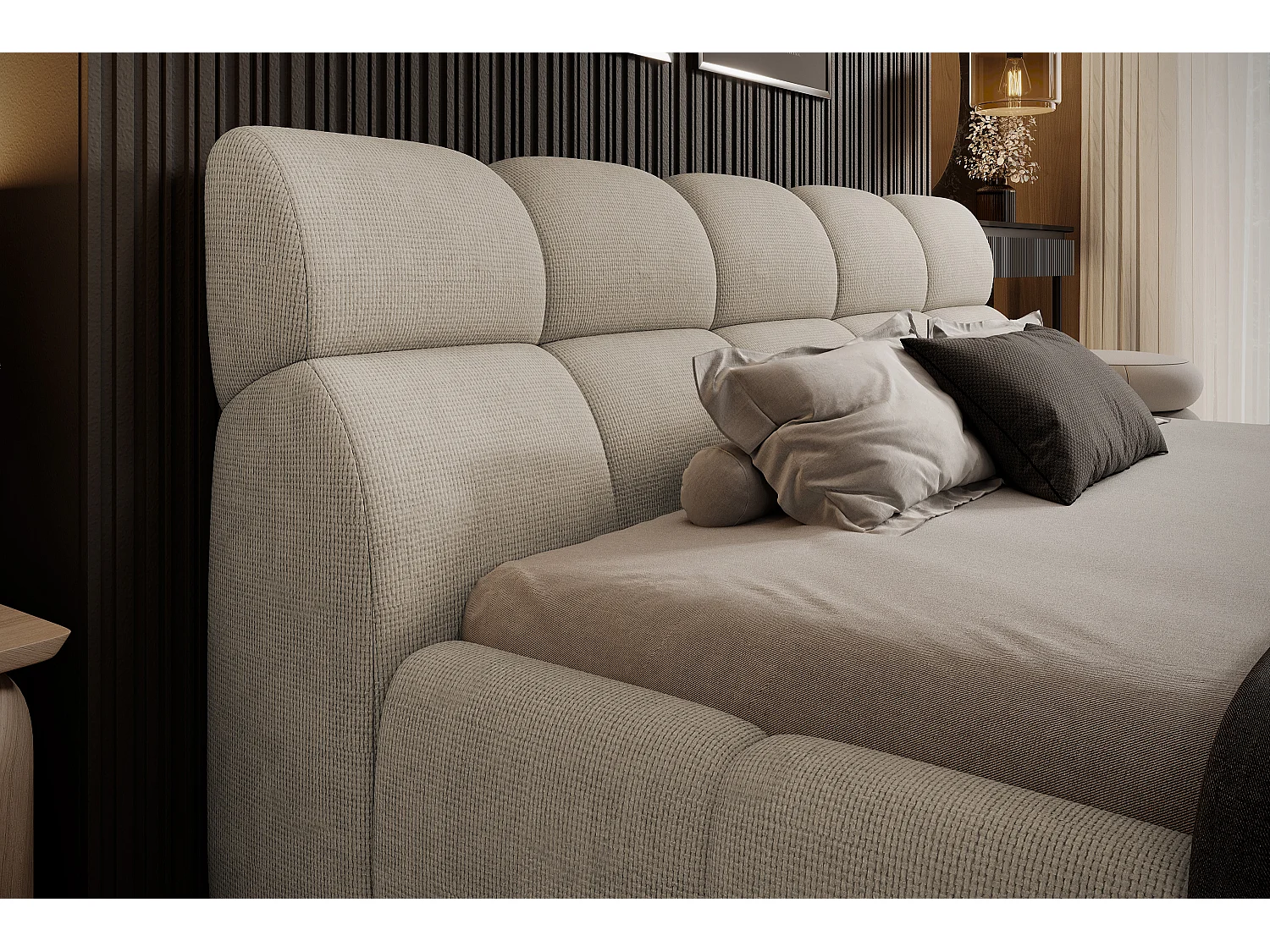 Gestoffeerd bed GIULIA, comfortabel, met opbergruimte, verstelbaar hoofdbord en LED, 180x200x96 cm, kleur: Beige