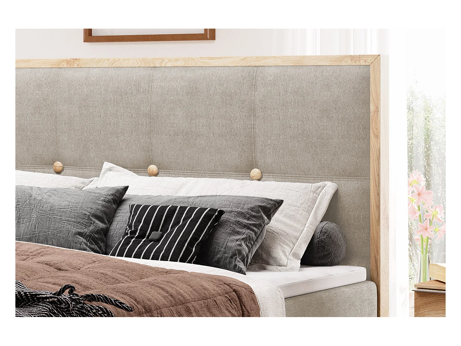 Lit coffre ELLI avec tête de lit élégante, rangements spacieux et design moderne, Taille: 180x200 cm, Couleur: Frêne