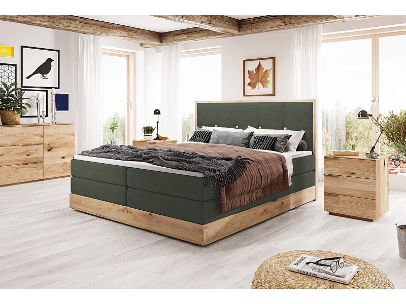 ELLI commodebed met elegant hoofdbord, ruime opbergmogelijkheden en modern design, Afmeting: 140x200 cm, Kleur: Donkergroen