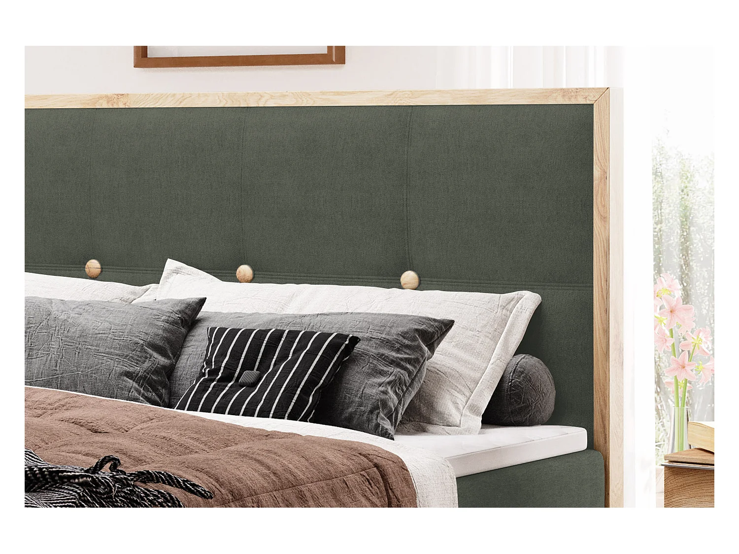 Lit coffre ELLI avec tête de lit élégante, rangements spacieux et design moderne, Taille: 140x200 cm, Couleur: Vert foncé