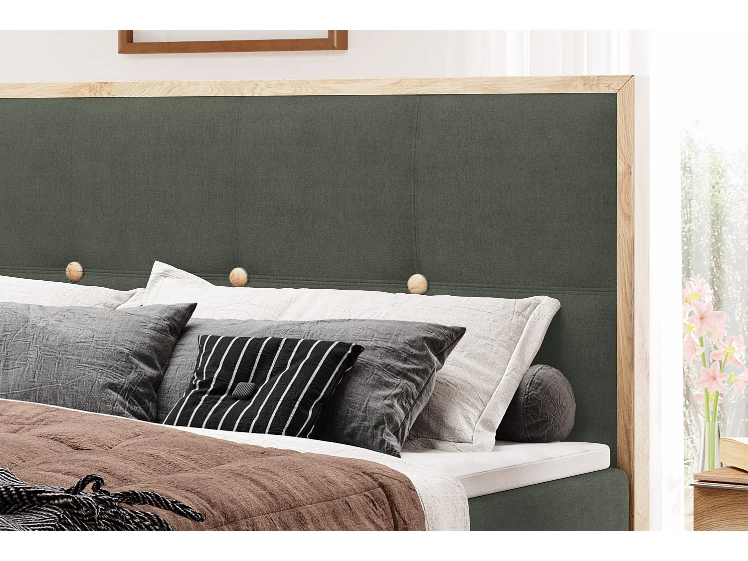 Lit coffre ELLI avec tête de lit élégante, rangements spacieux et design moderne, Taille: 140x200 cm, Couleur: Vert foncé