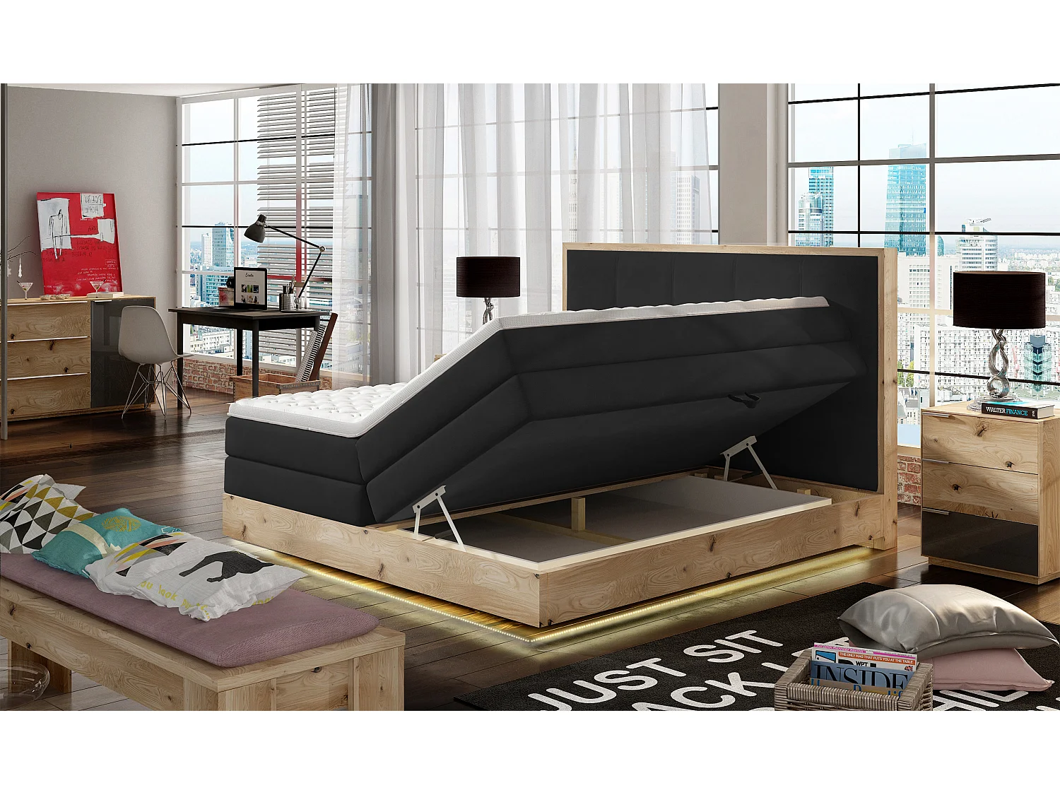 Łóżko Boxspring z litego drewna ze zintegrowanym pojemnikiem na materac i wezgłowiem - model ETNO z litego drewna Premium Comfort 160x200 cm Czarny