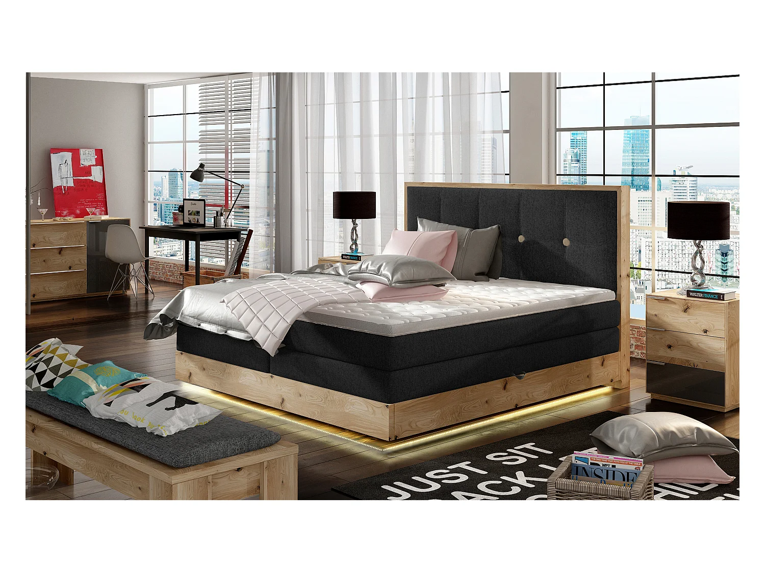 Lit Boxspring Massif avec Coffre Intégré, Surmatelas et Tête de Lit - Modèle ETNO, Bois Massif, Confort Premium, 160x200 cm, Noir