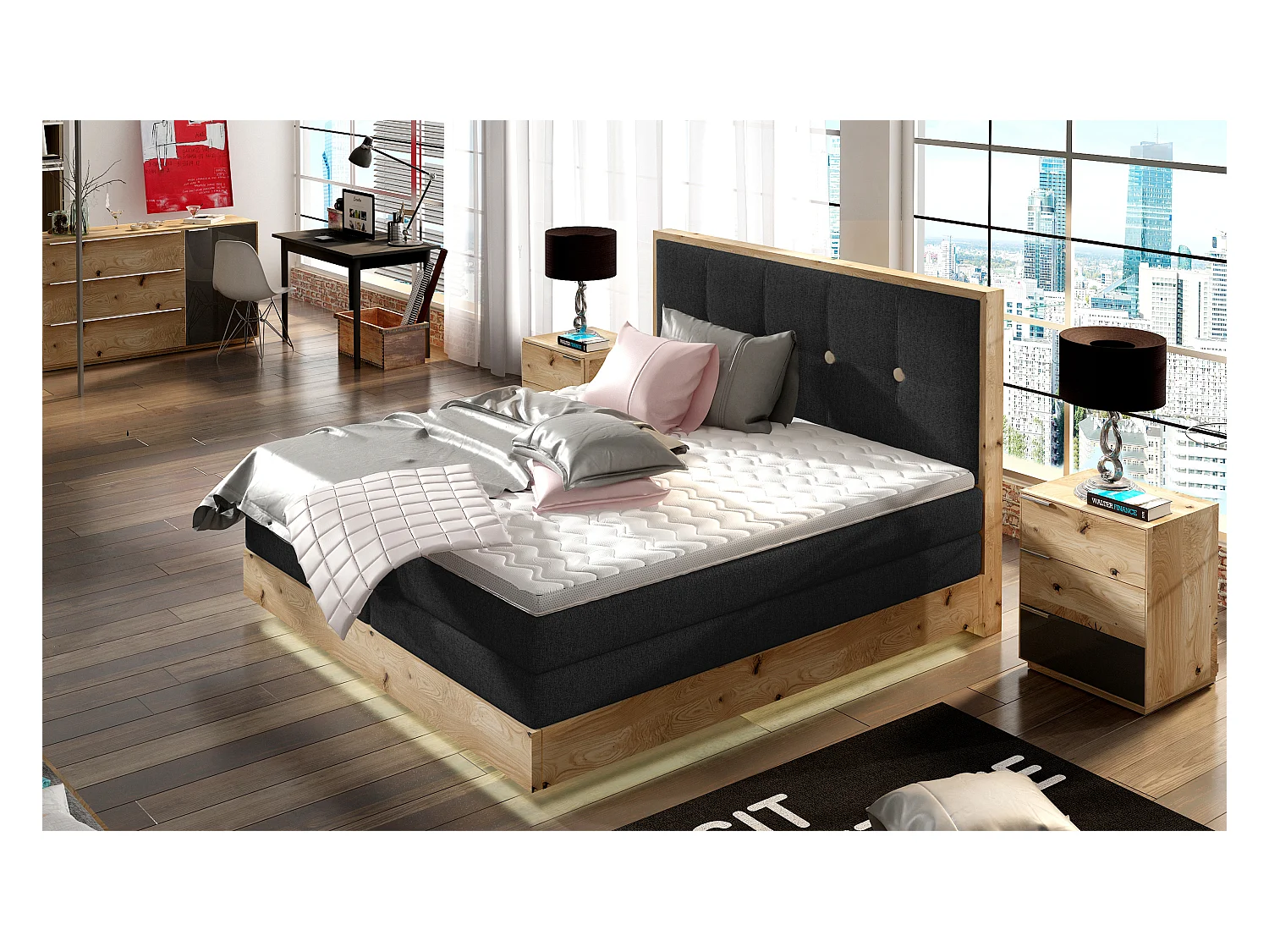 Lit Boxspring Massif avec Coffre Intégré, Surmatelas et Tête de Lit - Modèle ETNO, Bois Massif, Confort Premium, 160x200 cm, Noir