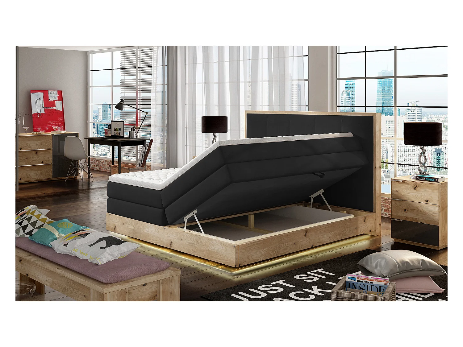 Lit Boxspring Massif avec Coffre Intégré, Surmatelas et Tête de Lit - Modèle ETNO, Bois Massif, Confort Premium, 160x200 cm, Noir