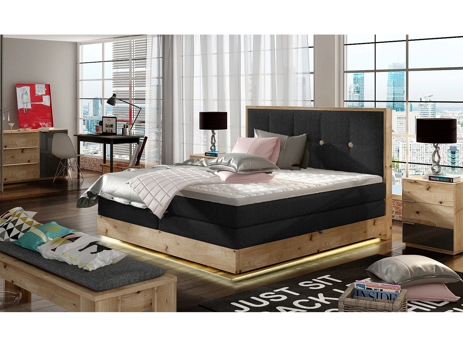Lit Boxspring Massif avec Coffre Intégré, Surmatelas et Tête de Lit - Modèle ETNO, Bois Massif, Confort Premium, 160x200 cm, Noir