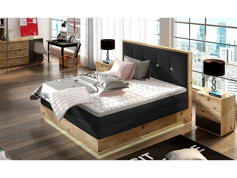 Lit Boxspring Massif avec Coffre Intégré, Surmatelas et Tête de Lit - Modèle ETNO, Bois Massif, Confort Premium, 160x200 cm, Noir