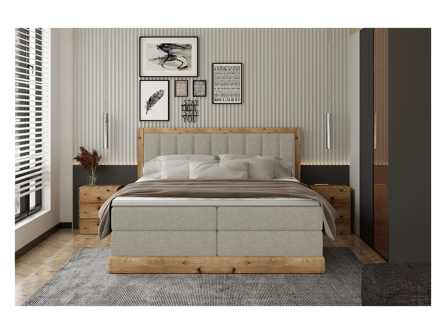 Lit continental rembourré ALMA – Design élégant en bois de chêne, hauteur 65 cm, embouts chromés, 180x200 cm – Couleur : Frêne