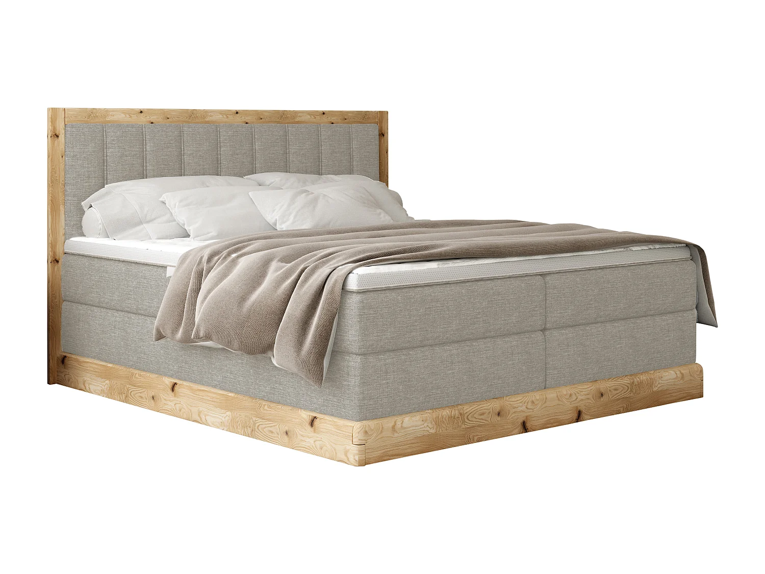 Lit continental rembourré ALMA – Design élégant en bois de chêne, hauteur 65 cm, embouts chromés, 180x200 cm – Couleur : Frêne