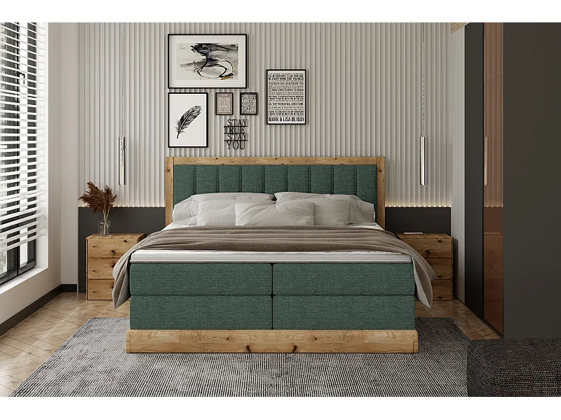 Tapicerowane łóżko continental ALMA – MDF i dąb, komfortowa powierzchnia, 160x200 cm – Kolor: Zielony ciemny