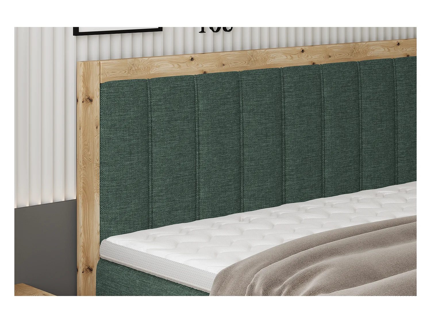 Lit continental ALMA rembourré – Matériaux exquis MDF et chêne, surface confortable, 160x200 cm – Couleur : Vert foncé