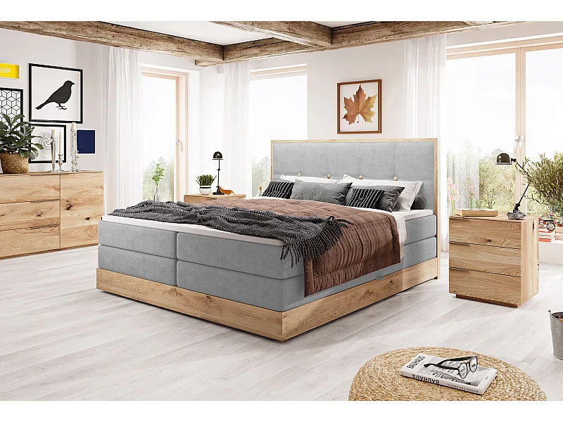 ELLI commodebed met elegant hoofdbord, ruime opbergmogelijkheden en modern design, Afmeting: 140x200 cm, Kleur: Lichtgrijs