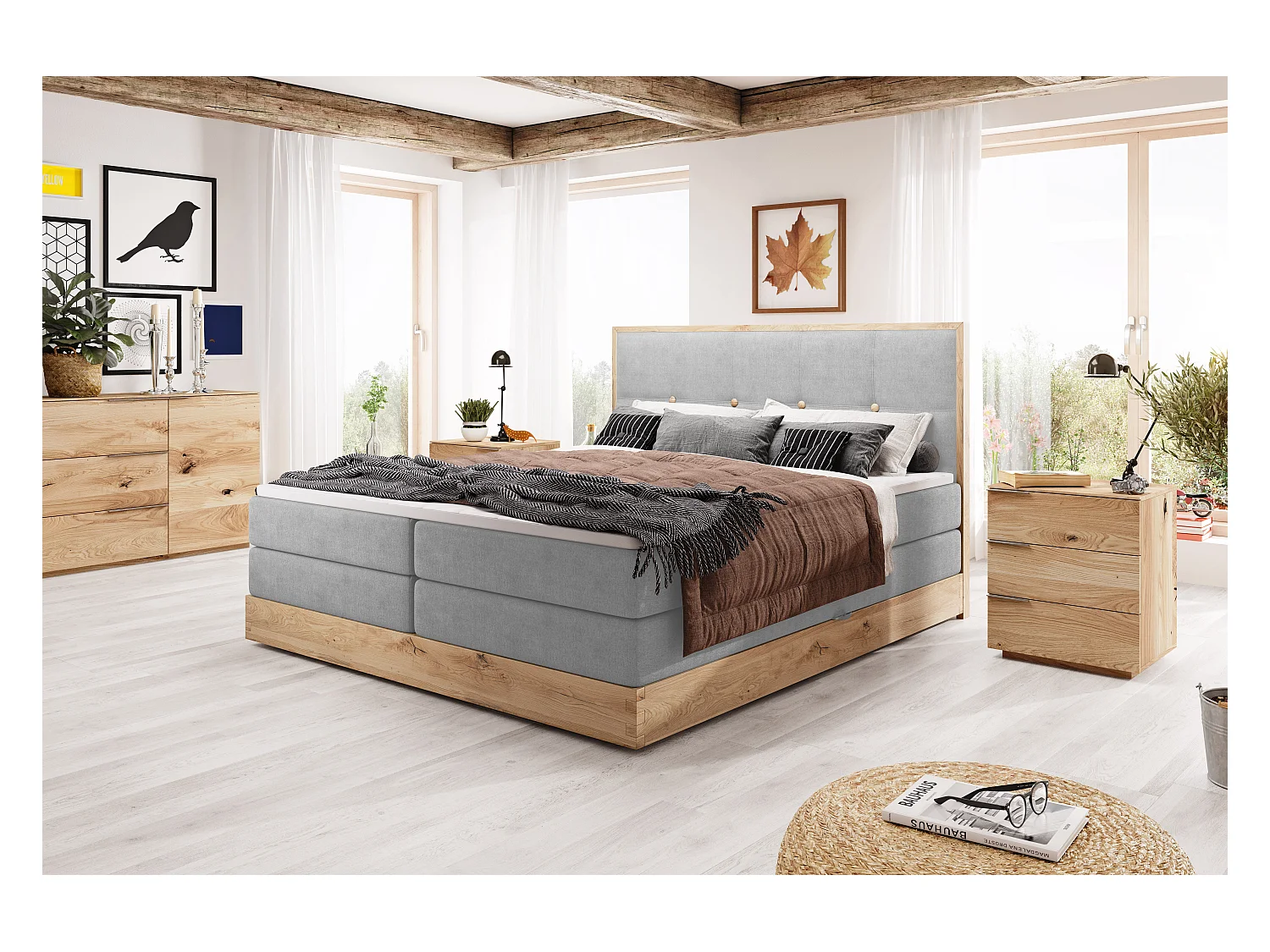 Lit coffre ELLI avec tête de lit élégante, rangements spacieux et design moderne, Taille: 140x200 cm, Couleur: Gris clair