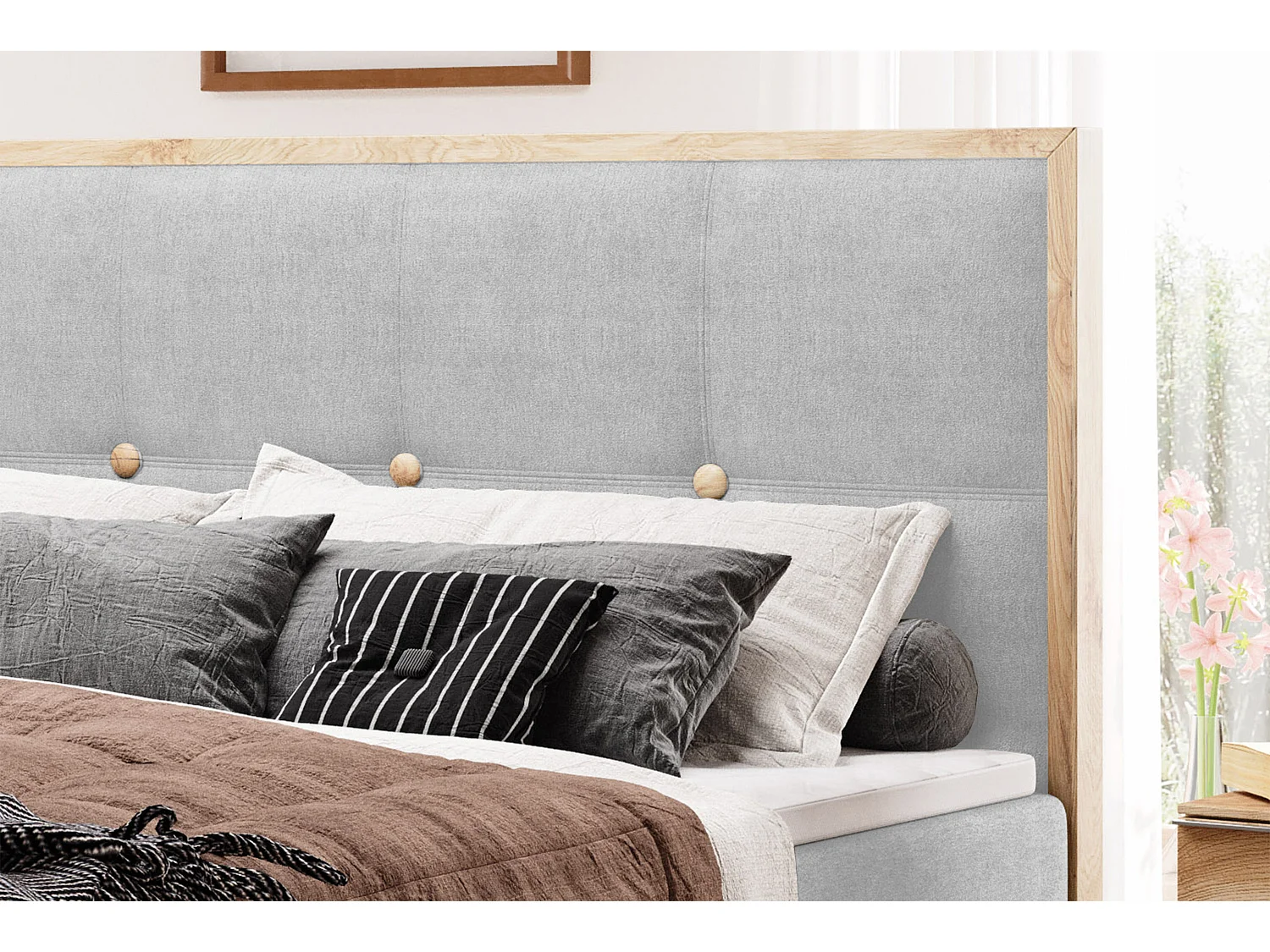 Lit coffre ELLI avec tête de lit élégante, rangements spacieux et design moderne, Taille: 140x200 cm, Couleur: Gris clair