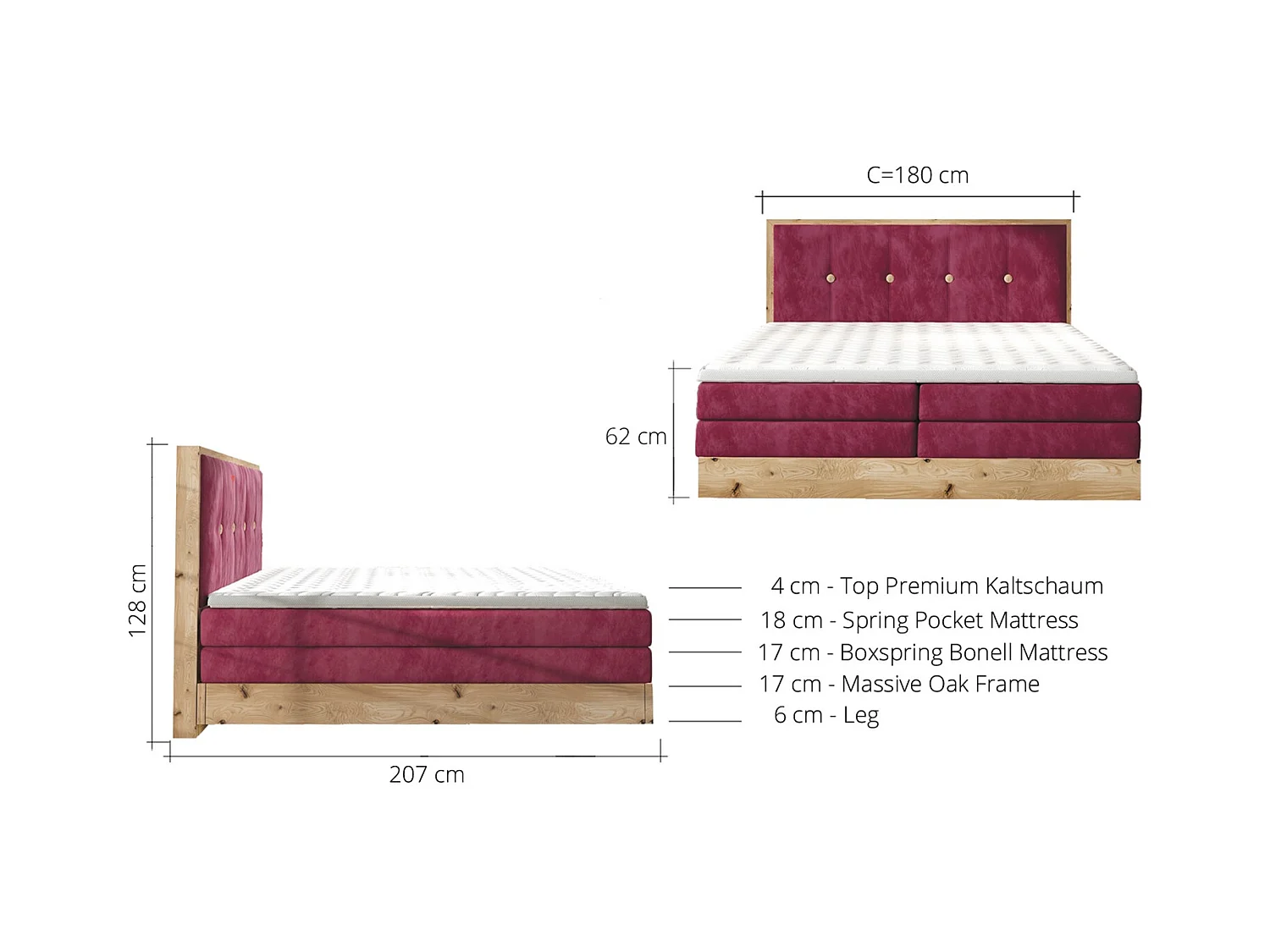 Lit Boxspring Massif avec Coffre Intégré, Surmatelas et Tête de Lit - Modèle ETNO, Bois Massif, Confort Premium, 180x200 cm, Frêne