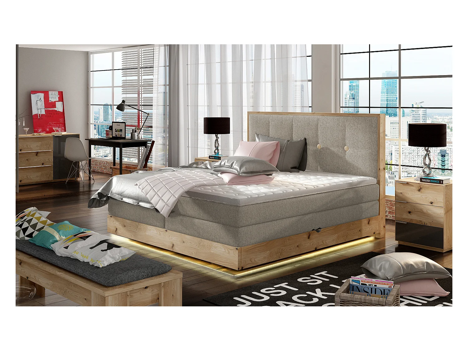 Lit Boxspring Massif avec Coffre Intégré, Surmatelas et Tête de Lit - Modèle ETNO, Bois Massif, Confort Premium, 180x200 cm, Frêne