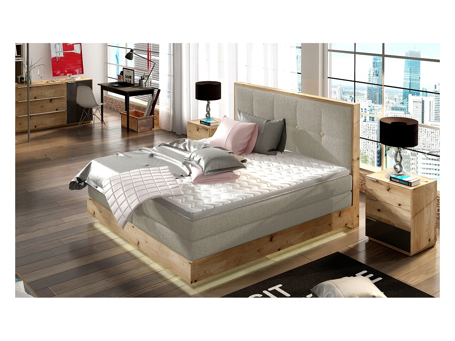 Lit Boxspring Massif avec Coffre Intégré, Surmatelas et Tête de Lit - Modèle ETNO, Bois Massif, Confort Premium, 180x200 cm, Frêne
