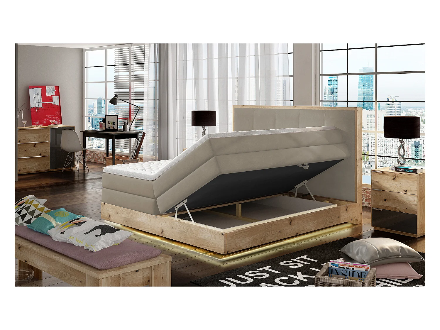 Lit Boxspring Massif avec Coffre Intégré, Surmatelas et Tête de Lit - Modèle ETNO, Bois Massif, Confort Premium, 180x200 cm, Frêne
