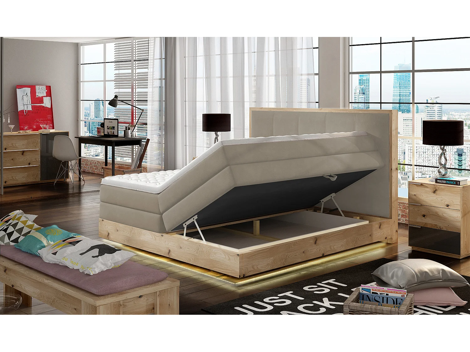 Lit Boxspring Massif avec Coffre Intégré, Surmatelas et Tête de Lit - Modèle ETNO, Bois Massif, Confort Premium, 180x200 cm, Frêne