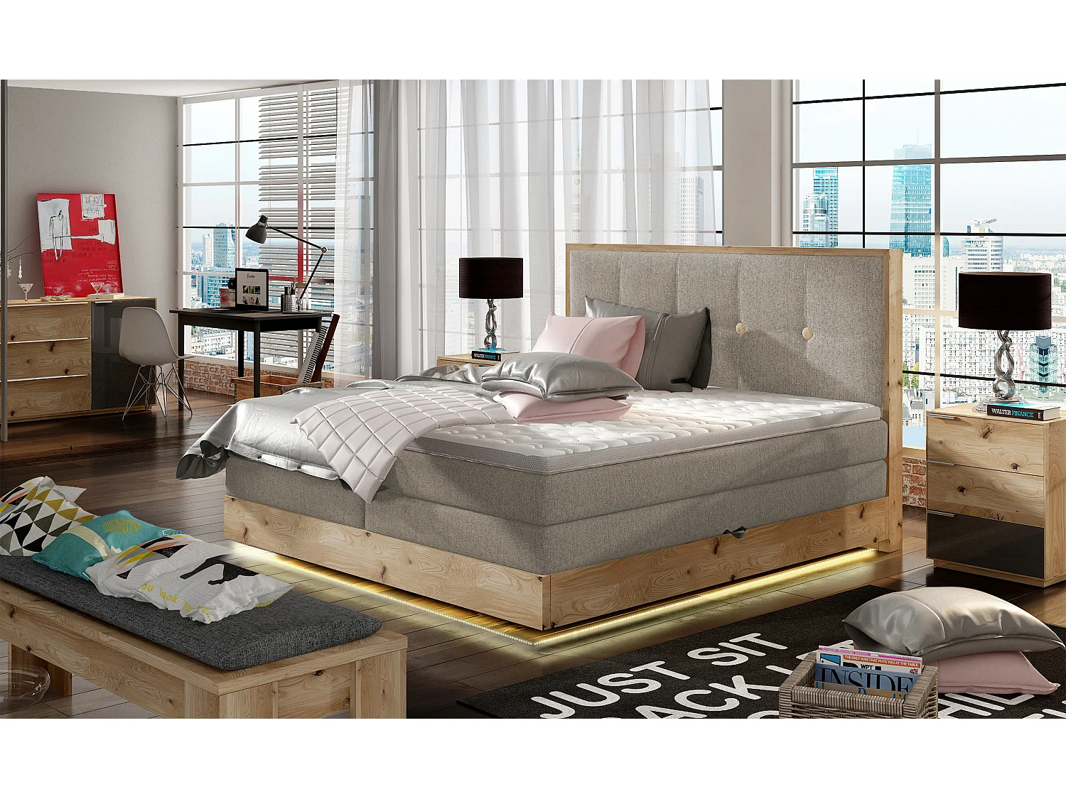 Lit Boxspring Massif avec Coffre Intégré, Surmatelas et Tête de Lit - Modèle ETNO, Bois Massif, Confort Premium, 180x200 cm, Frêne